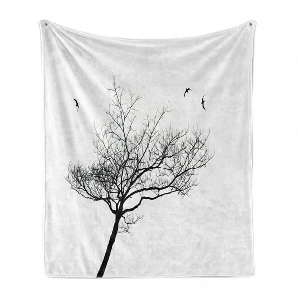Ambesonne Tree Soft Flannel Fleece Throw Blanket Silhouette Style Bare Branches in Monochromatic Design Nature Illustration 70 x 90 Charcoal Grey White Cozy Plush for Indoor and Outdoor Use 